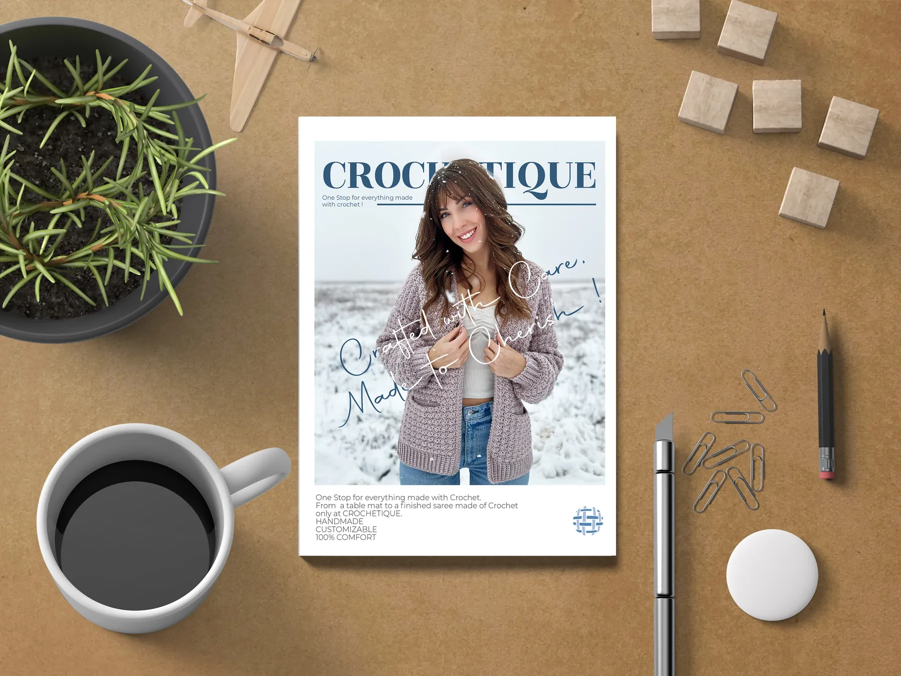 Crochetique logo surrounded by yarn and purple flowers