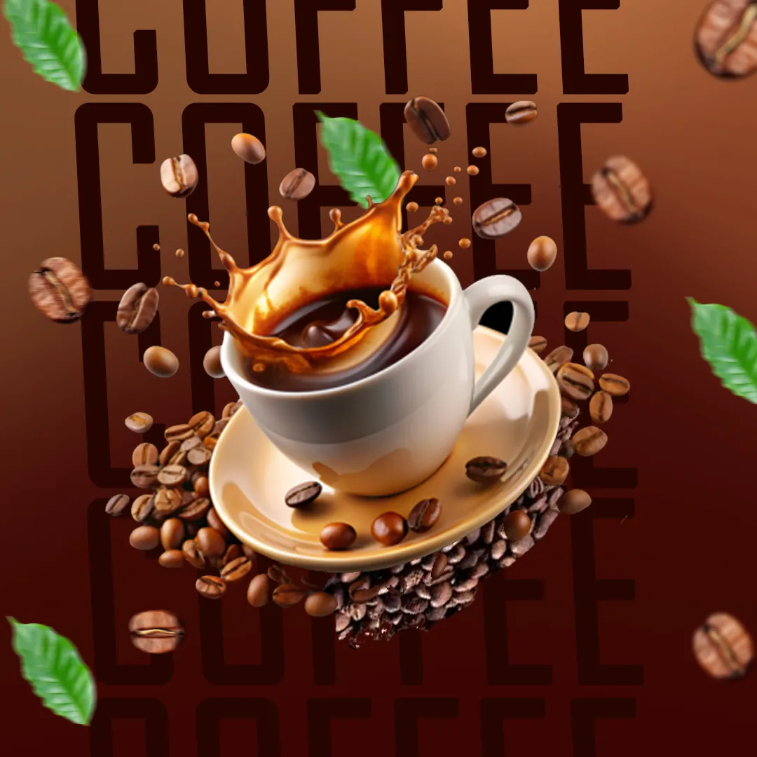 Coffee poster with a cup, coffee splash, beans and bold typography