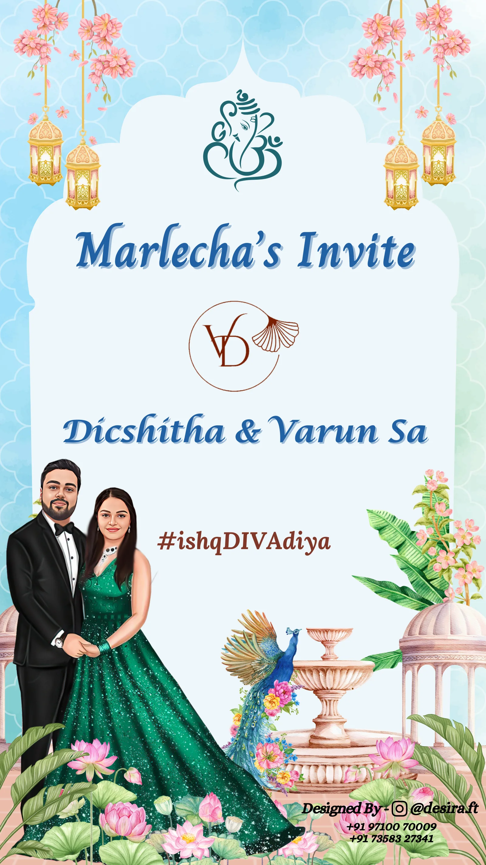 Illustrated wedding invitation cover for Dikshitha and Varun