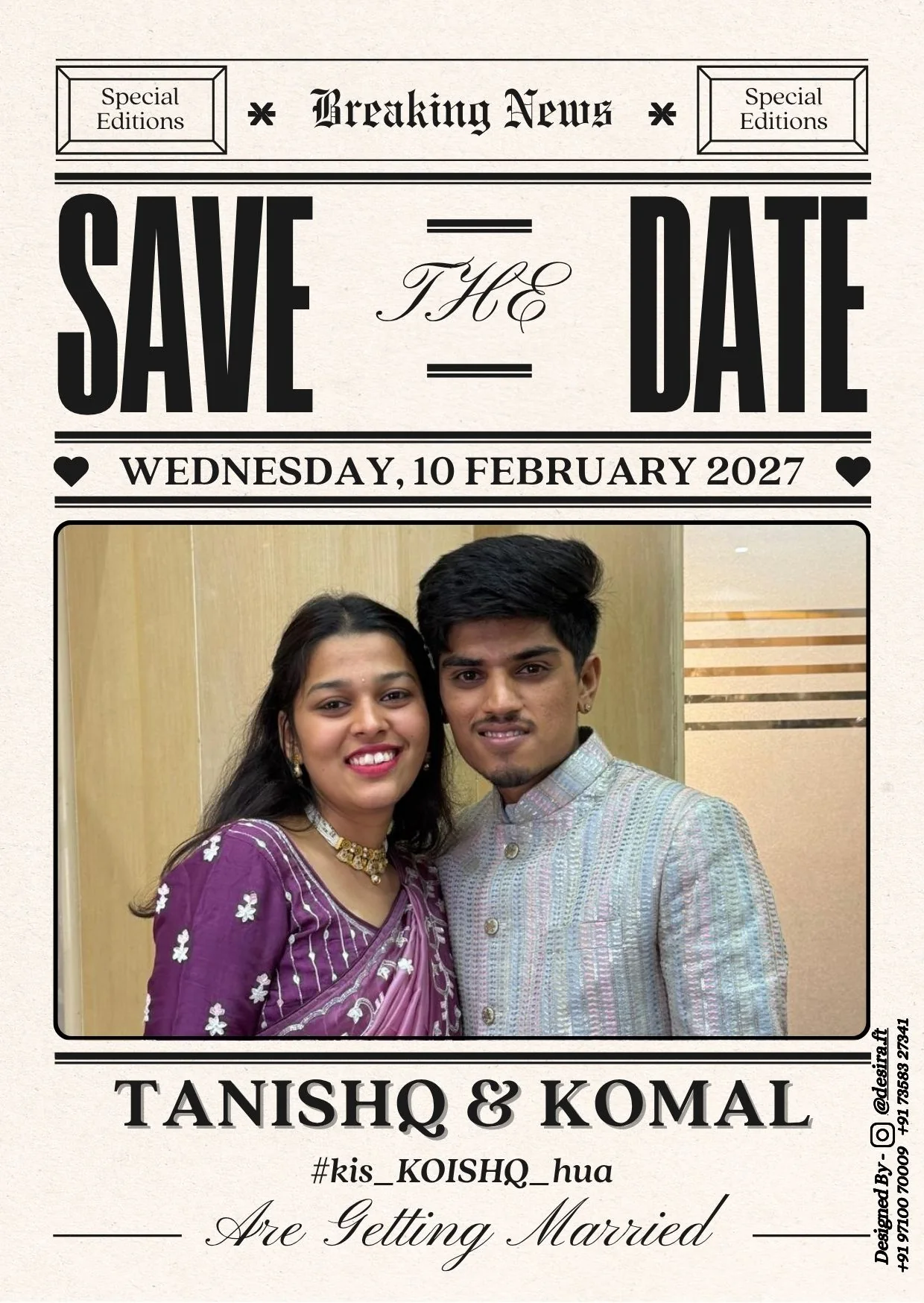 Save-the-date invitation for Tanishq and Komal