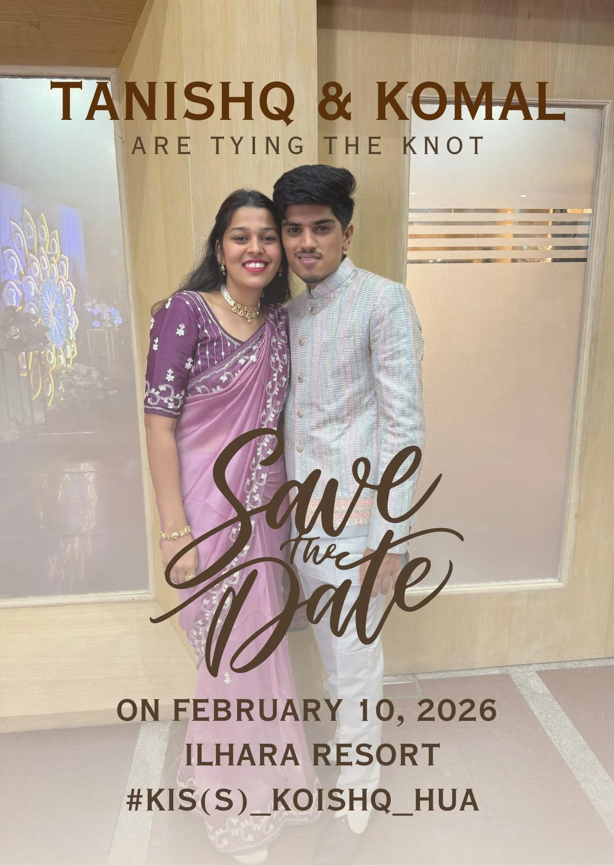 Shareable invitation from Tanishq & Komal: a save-the-date in three formats.
